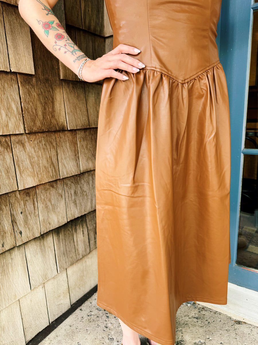 Faux Leather Midi Dress BROWN / M Faux Leather Midi Dress BROWN / M