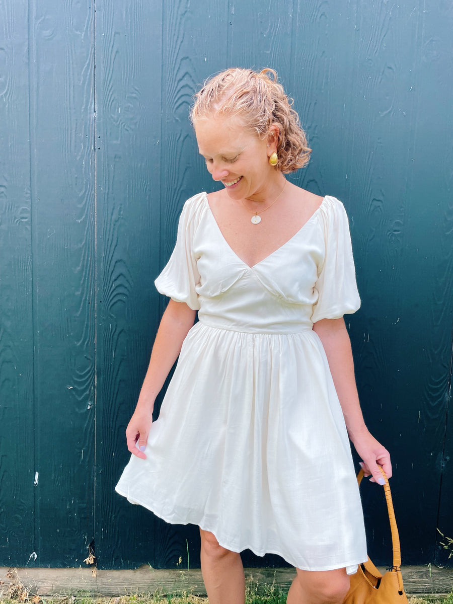 ruched mini white dress Chickadee Ruched Mini Dress with Bell Sleeves