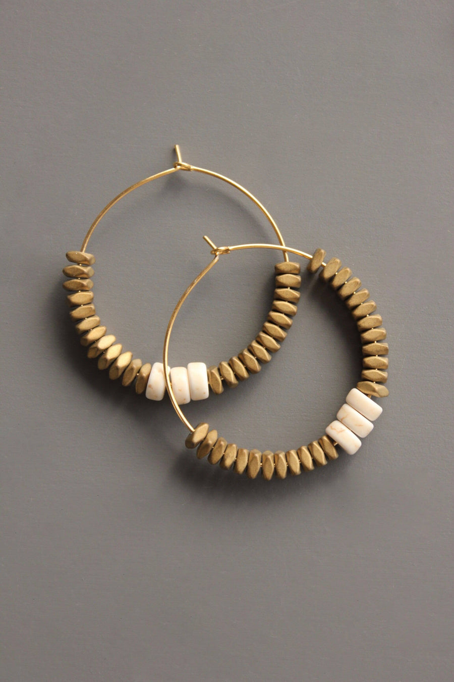Gold Hematite + White Stone Hoop Earrings