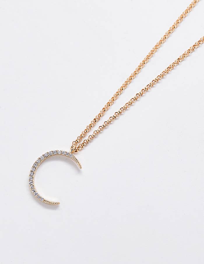 Gold Pave Crescent Moon Necklace: 18"