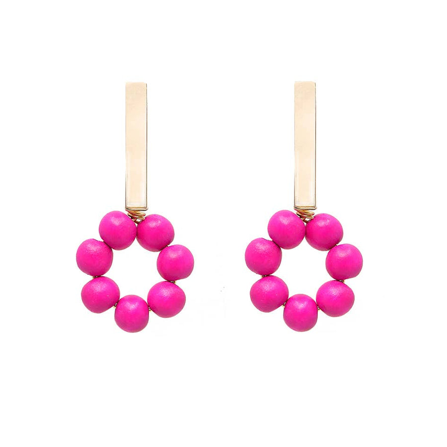 Summer Gold Bar + Pink Wooden Bead Earrings